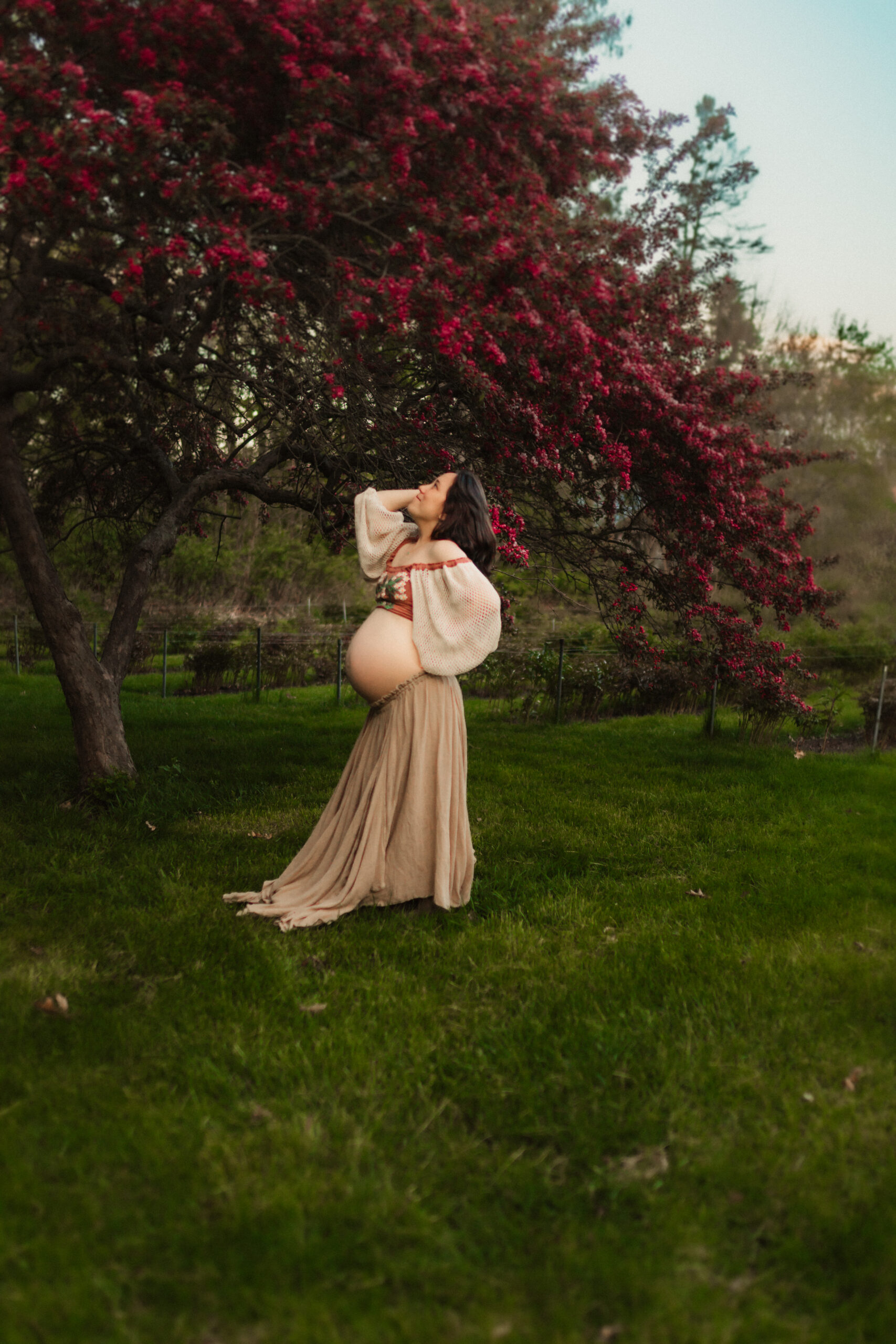 An expecting mother poses near a bright red tree in springtime